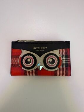 kate spade Rare Red Plaid Blinx Small Owl Zip Card Holder
